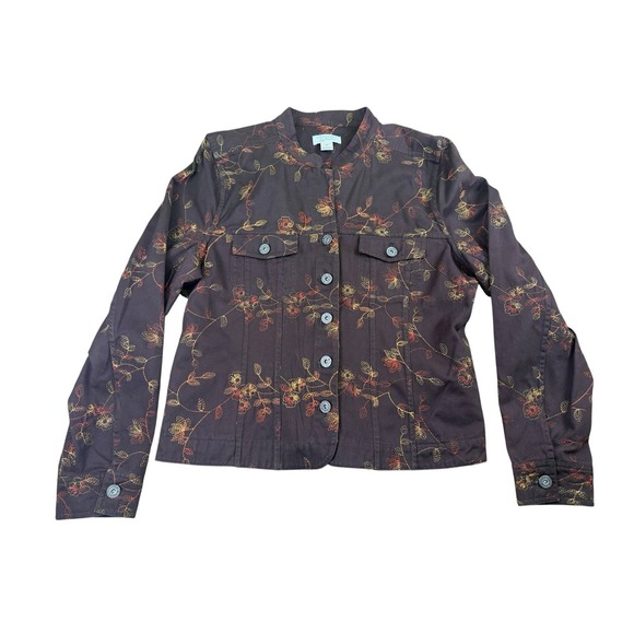 Women's Christopher & Banks Autumn Fall Embroidered Brown Cotton Jacket Medium - Picture 1 of 12